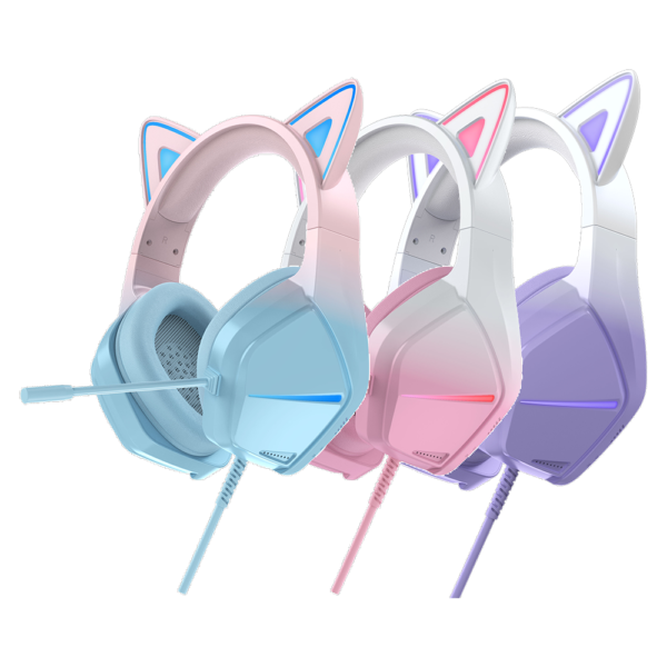 H406 Wired Gaming Headset with Transparent Shell, Single Head Beam, Optional Cat Ear Decoration